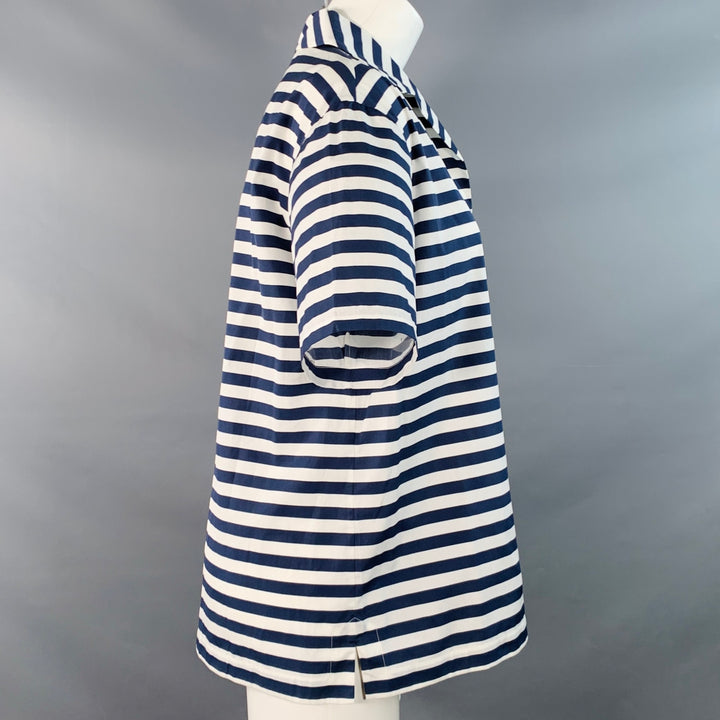 LORO PIANA Size 6 White Navy Cotton Stripe One Pocket Casual Top