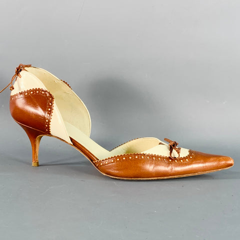 ALEXANDRA NEEL Size 7 Brown Cream Perforated Pointed Toe D'Orsay Kitten Heel Pumps
