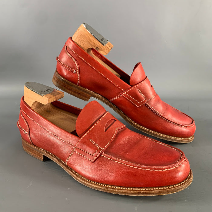 PRADA Size 9 Orange Stitched Leather Penny Loafers