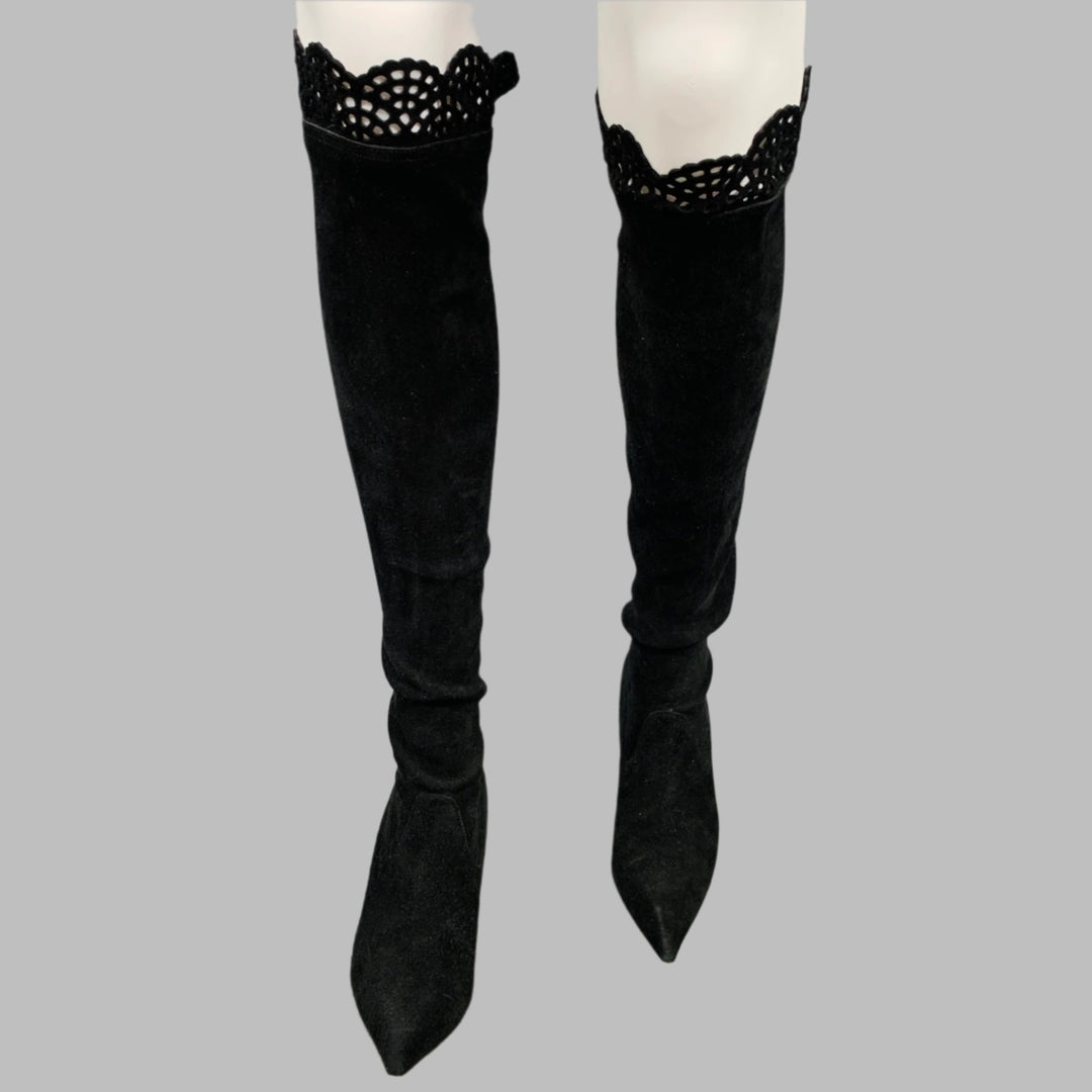 MANOLO BLAHNIK Size 7.5 Black Suede Cut Out Stiletto Boots