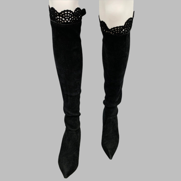 MANOLO BLAHNIK Size 7.5 Black Suede Cut Out Stiletto Boots