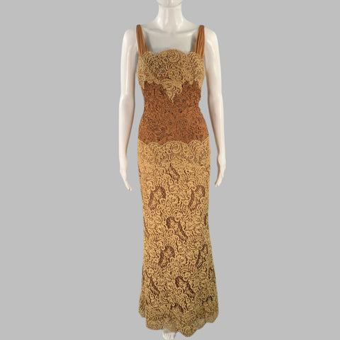 Robe de soirée sans manches vintage, taille 6, marron clair, avec dentelle et perles