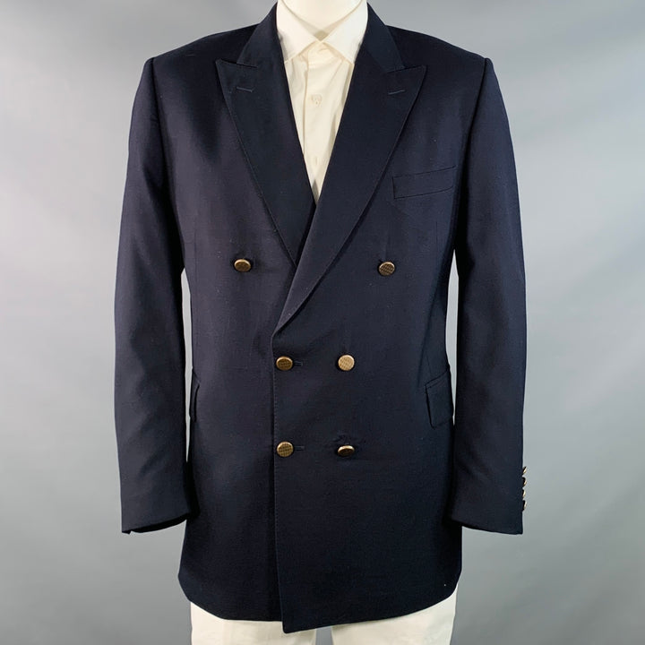 GIEVES & HAWKES Size 46 Regular Navy Twill Wool Double Breasted Sport Coat