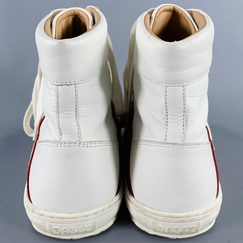 BALLY Size 8.5 -Oldani- White Red Ribbon Trim Leather High Top Sneakers