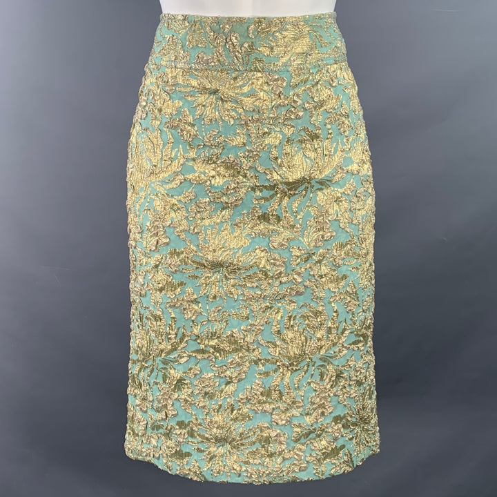 DOLCE & GABBANA Size 4 Green Gold Silk Blend Fleur de lis Pencil Skirt