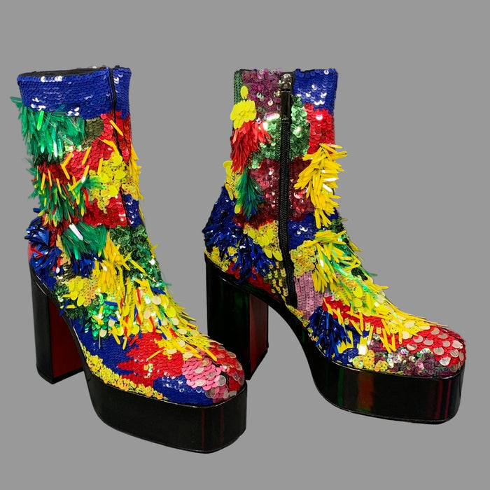 CHRISTIAN LOUBOUTIN Size 11 Multi-Color Sequined Leather Platform Boots