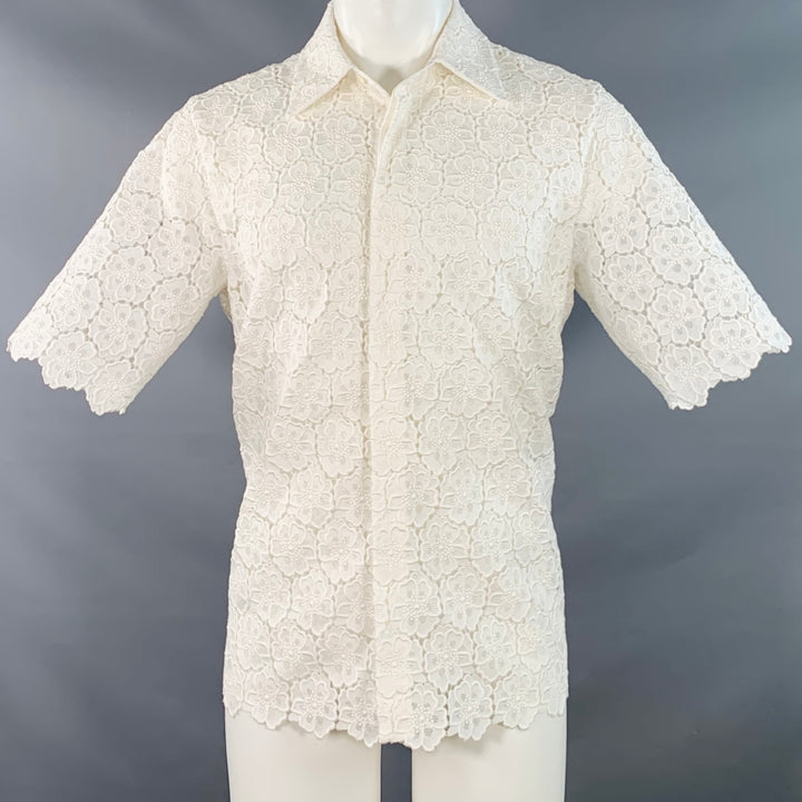 VALENTINO 2021 Size M White Lace Cotton Blend Hidden Placket Short Sleeve Shirt
