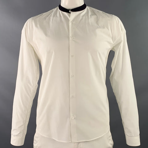 SANDRO Size L White Black Cotton Collarless Contrast Trim Long Sleeve Shirt