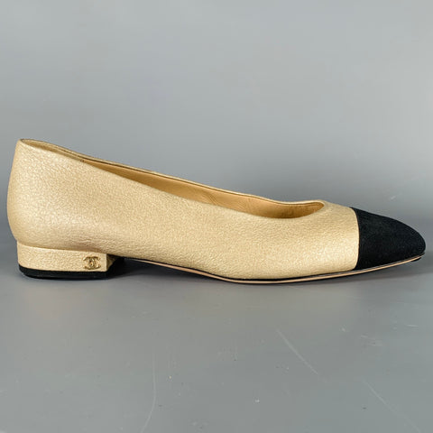CHANEL Size 8 Gold Black Leather Cap Toe Flats