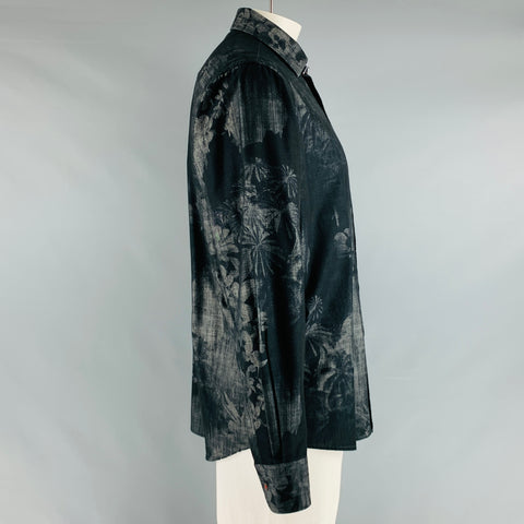 BUGATCHI UOMO Size L Black Grey Palms Cotton Button Up Long Sleeve Shirt
