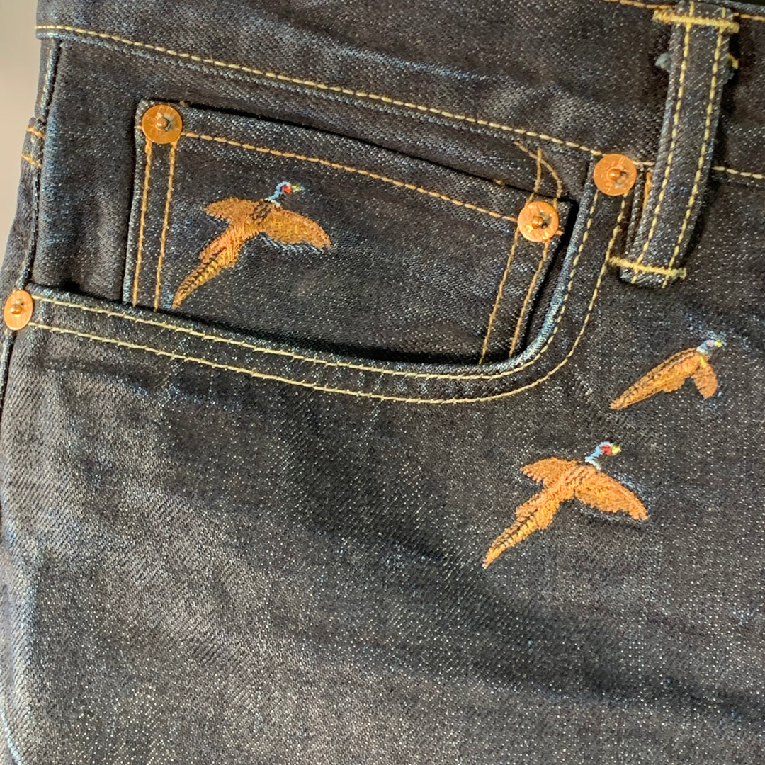 RRL by RALPH LAUREN Size 36 Indigo Cotton Selvedge Twill Straight Embroidered Birds Jeans