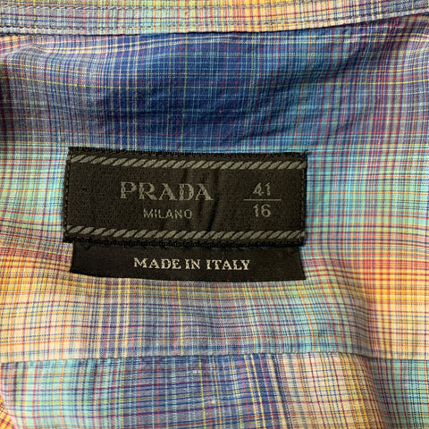 PRADA Size M Blue Yellow Plaid Cutaway Long Sleeve Shirt