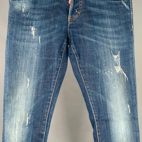 DSQUARED2 Jean slim à braguette boutonnée, bleu et blanc éclaboussé de peinture, taille 28