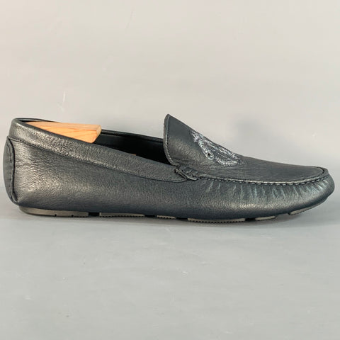 ROBERTO CAVALLI Size 11.5 Navy Silver Logo Embroidery Leather Drivers Loafers