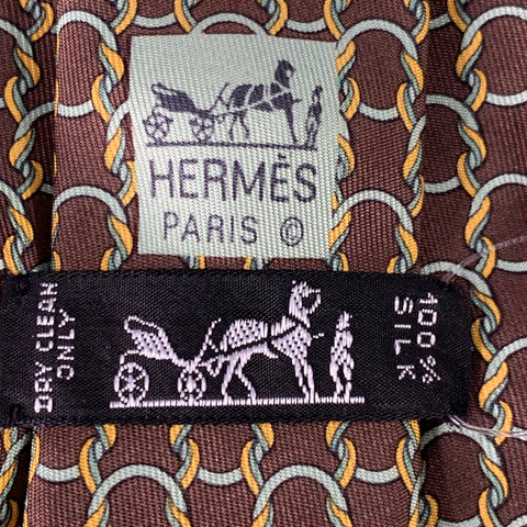 HERMES Brown Green Woven Silk 7788FA Tie