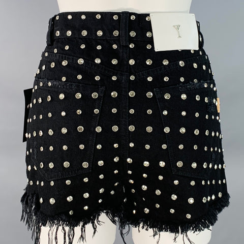 Shorts en mini jean noir RETROFETE taille XS, modèle Angel, orné de cristaux, effet usé, fermeture boutonnée