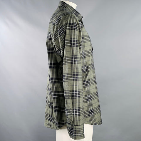BUGATCHI Size XL Green Black Plaid Cotton Blend Long Sleeve Shirt