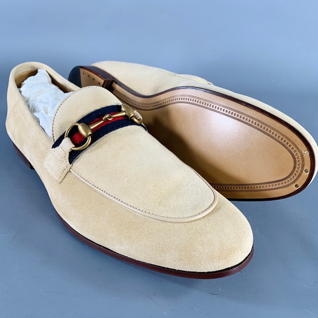 GUCCI Size 12.5 Beige Navy Red Ribbon Trim Suede Loafers