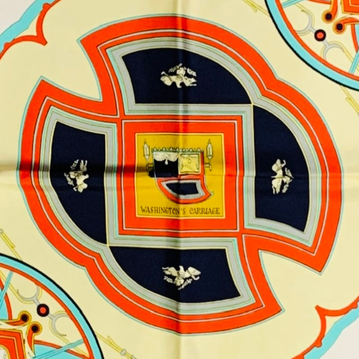 HERMES Washington's Carriage Red Multi Color Print Silk Scarf