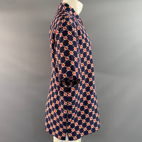 GUCCI Size M Navy Red & White Monogram Silk Pop Over Short Sleeve Shirt