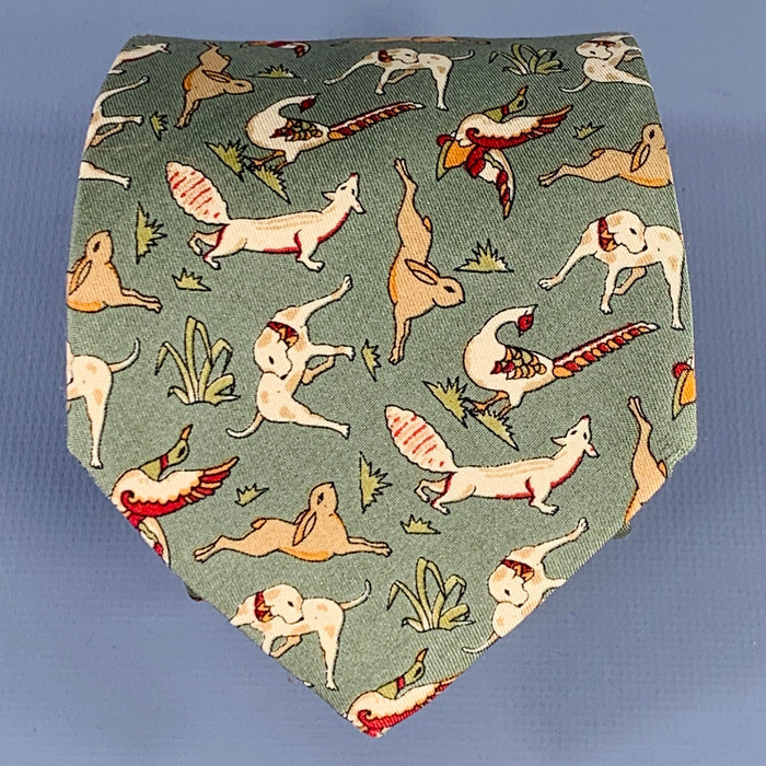 SALVATORE FERRAGAMO Green Taupe Woodland Animals Silk Tie