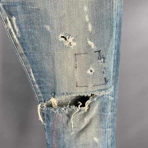 JOHN ELLIOTT Size 34 Blue Distressed Cotton Blend Button Fly Jeans