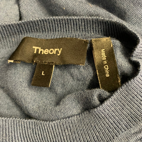 THEORY Size L Blue Knit Wool Blend Crew Neck T-shirt