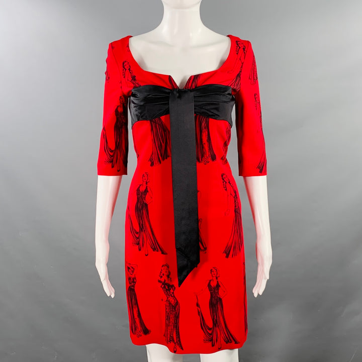 MOSCHINO Size 6 Red Black Viscose Blend Figures Bow Cocktail Dress