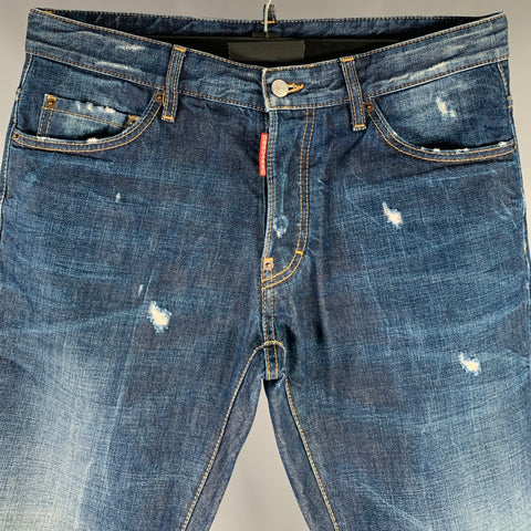 DSQUARED2 Size 32 Blue Distressed Cotton Straight Button Fly Jeans