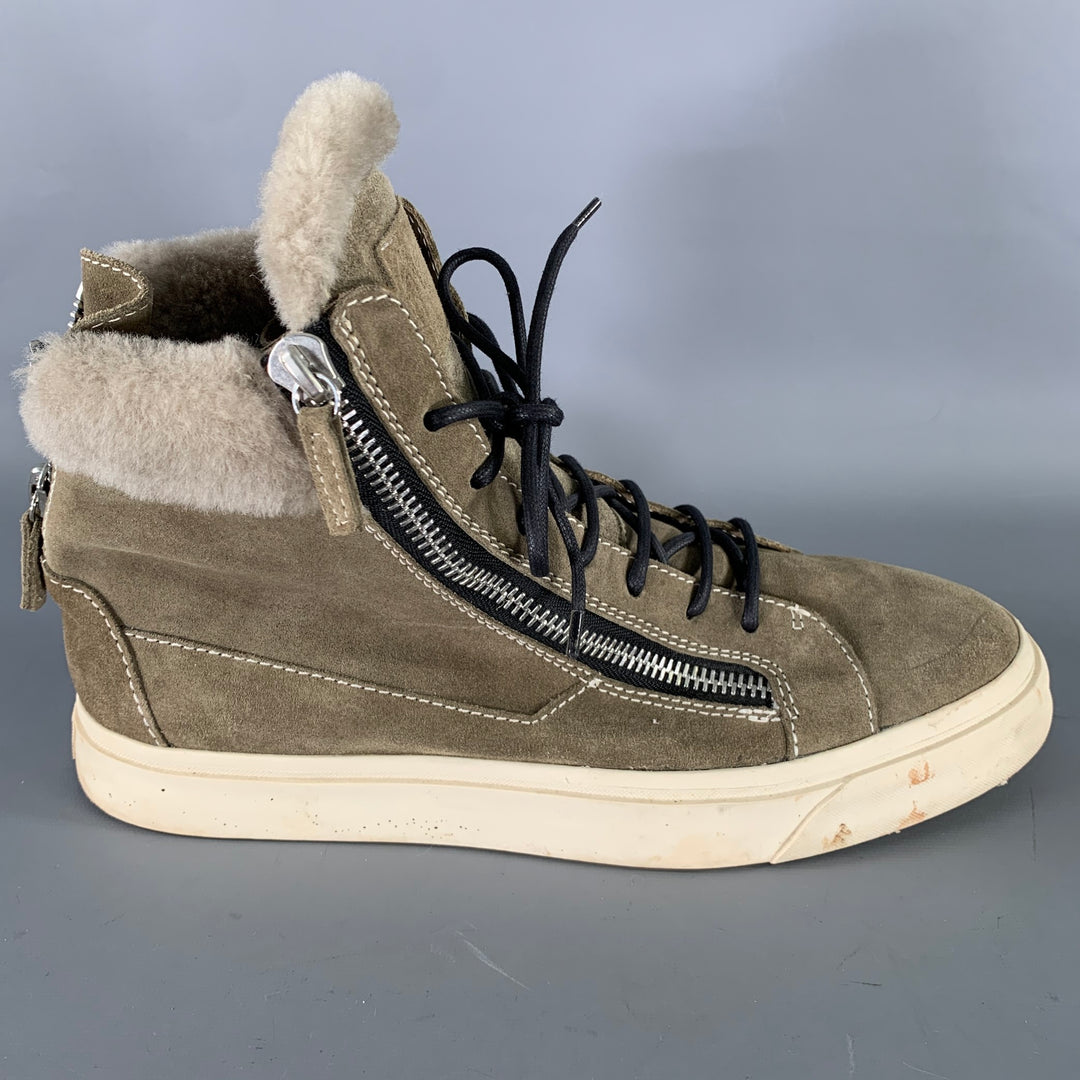 GIUSEPPE ZANOTTI Size 11 Green Olive Contrast Stitch Suede High Top Sneakers