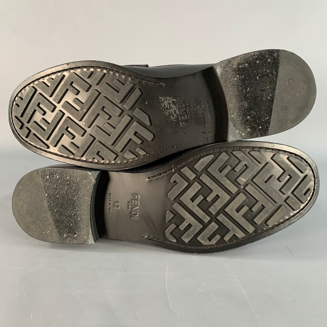 FENDI Size 13 Black Silver Calfskin Leather Monogram Buckle Slip On Loafers