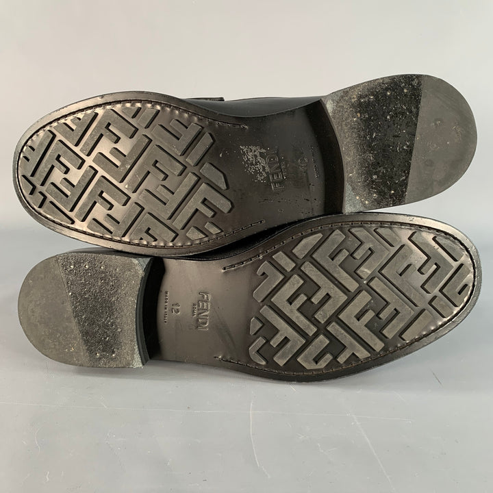 FENDI Size 13 Black Silver Calfskin Leather Monogram Buckle Slip On Loafers