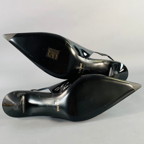 CELINE Size 12 Judy Black Patent Leather Slingback Kitten Heel Pumps