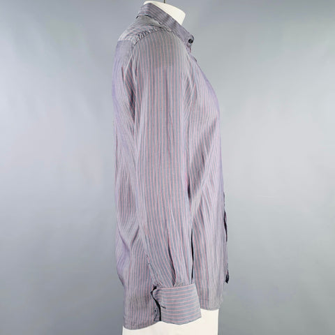 PRADA Size L Grey Pink Stripe Silk Button Up Long Sleeve Shirt