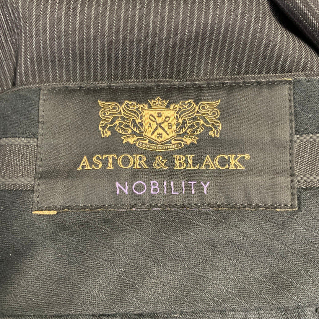 ASTOR & BLACK Size 44 Black Grey Stripe Single Breasted Peak Lapel 3 Piece Suit