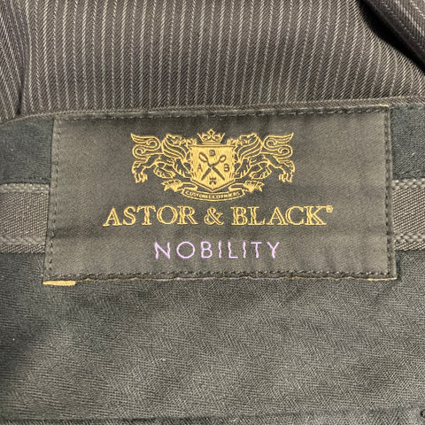 ASTOR & BLACK Size 44 Black Grey Stripe Single Breasted Peak Lapel 3 Piece Suit
