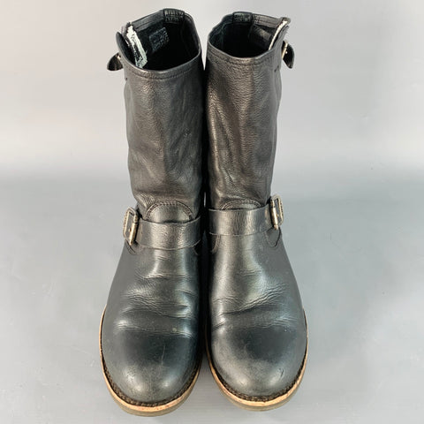 FRYE Size 10 Black Leather Calf High Pull On Belted Boots