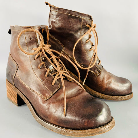 OFFICINE CREATIVE Size 8 Thubble Devil Bootie Brown Leather Lace-Up Boots