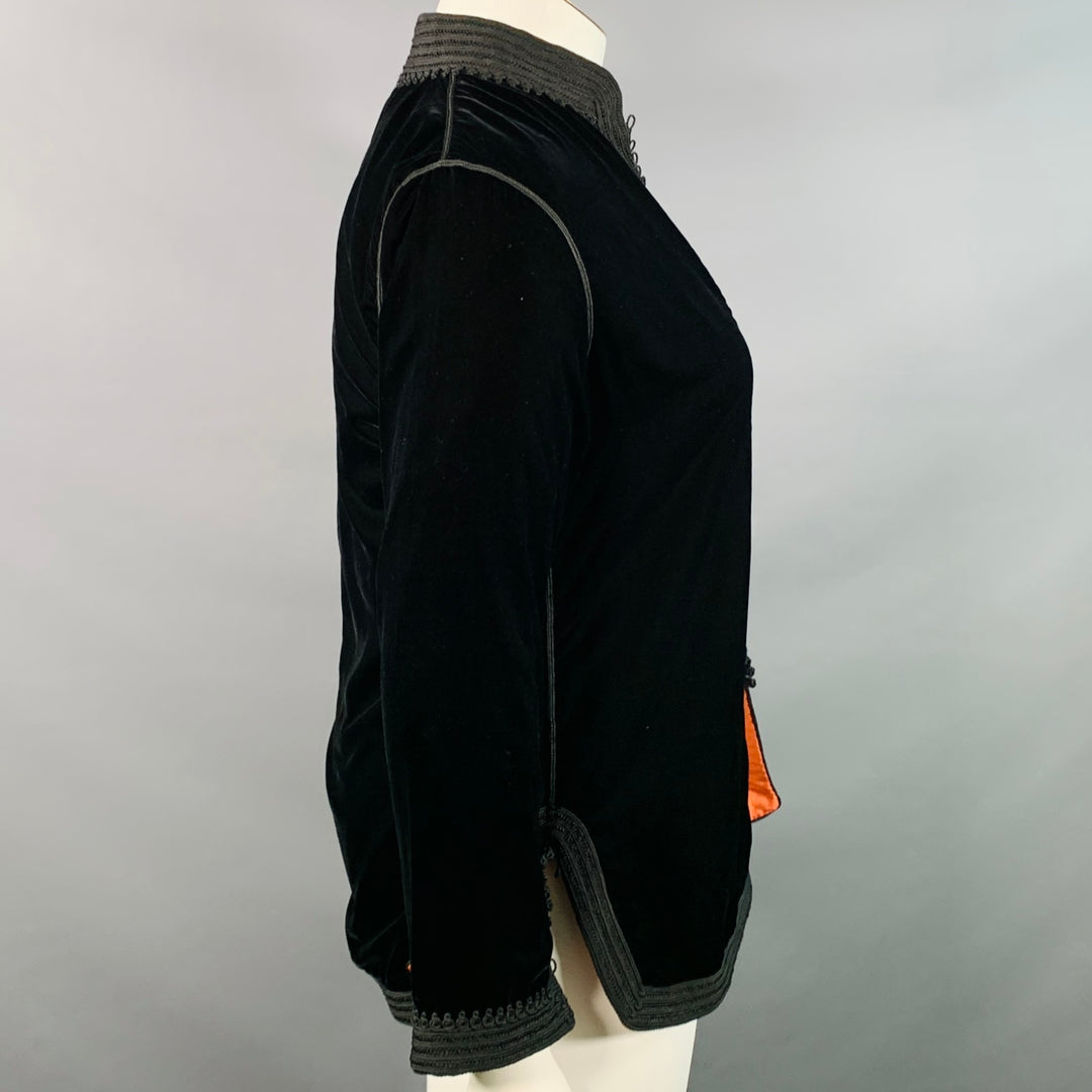 AU FIL D'OR Size L Black Velvet Embroidered Trim Stand Up Collar Jacket