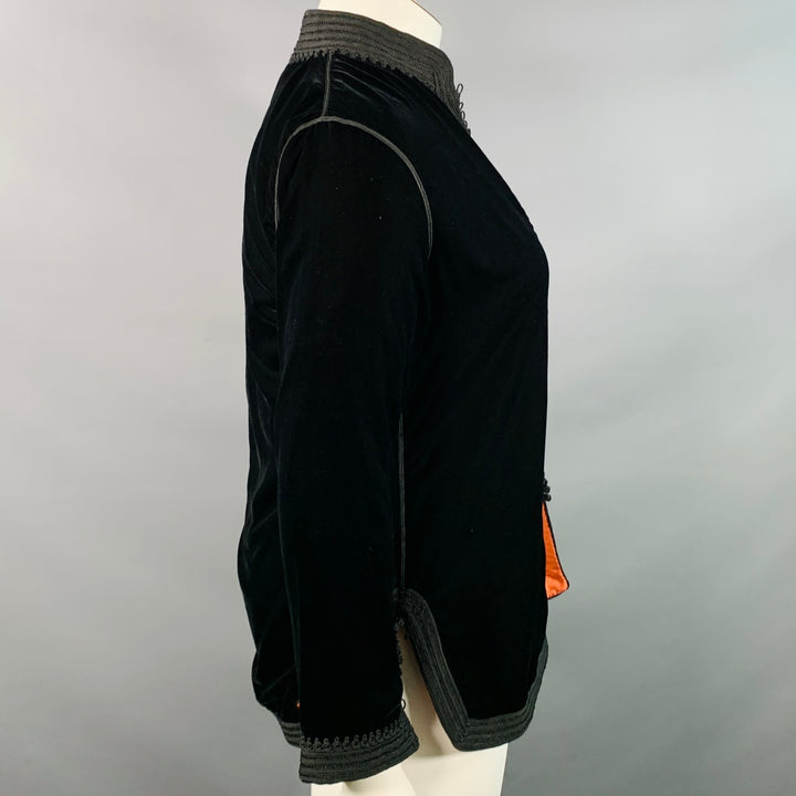 AU FIL D'OR Size L Black Velvet Embroidered Trim Stand Up Collar Jacket