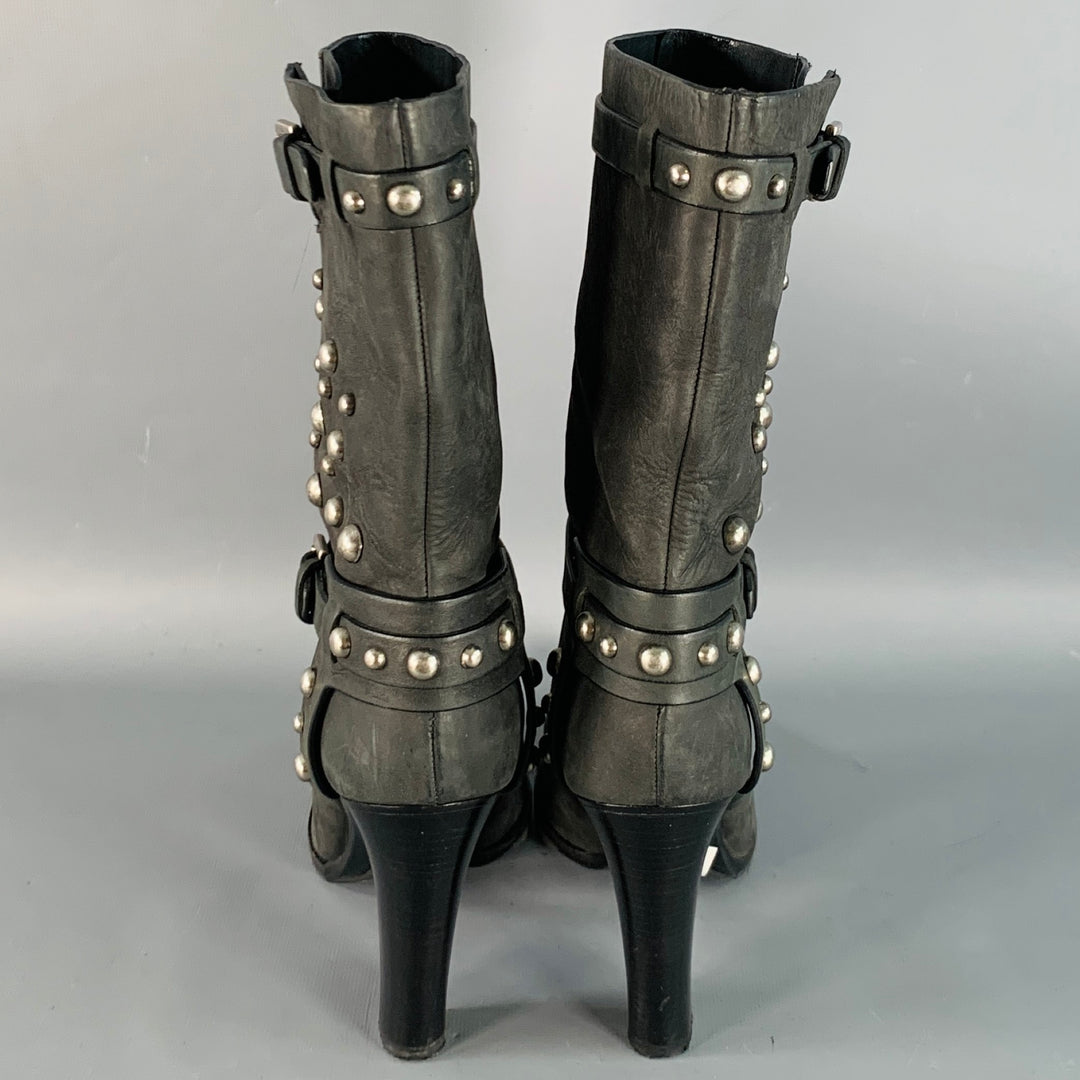RALPH LAUREN COLLECTION Size 8.5 Black Studded Stacked Heel Pull On Boots