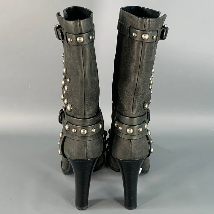 RALPH LAUREN COLLECTION Size 8.5 Black Studded Stacked Heel Pull On Boots