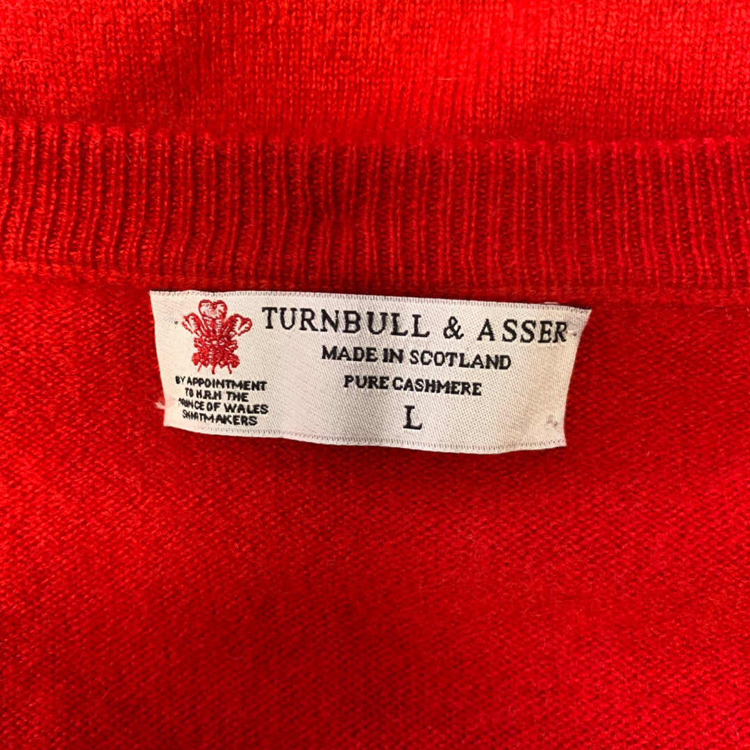 TURNBULL & ASSER Size L Red Knitted Cashmere V-Neck Sweater