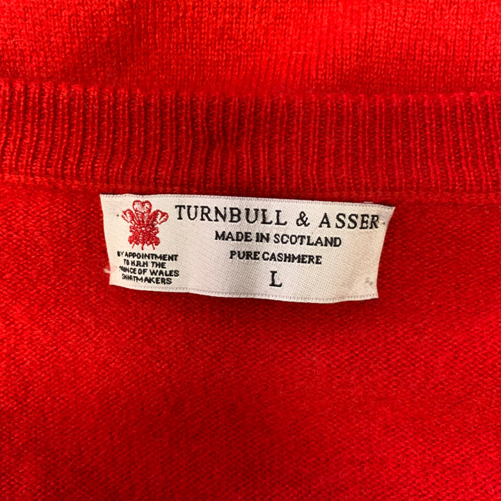 TURNBULL & ASSER Size L Red Knitted Cashmere V-Neck Sweater