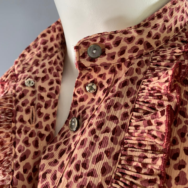 MARQUISE GRAN YAMAKI Size S Pink Burgundy Polyester Blend Leopard Print Band Collar Top
