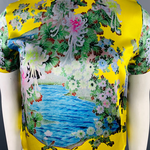 PREEN Size L Yellow Multi Color Silk Floral T-Shirt