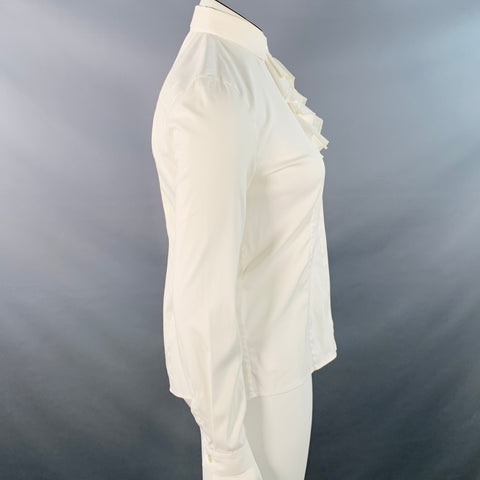 PRADA Size L Cream Cotton Blend Ruffled Hidden Buttons Shirt