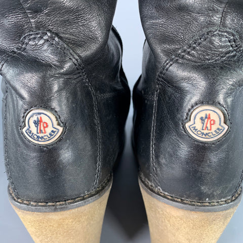 MONCLER Size 10 Black Brown Leather Knee High Crepe Sole Wedge Boots