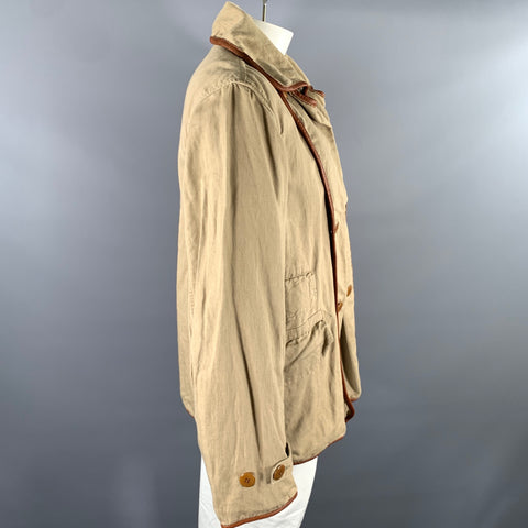 KAPITAL Size XL Khaki Cotton Hemp Leather Trim Notch Lapel Jacket