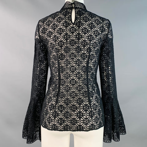 OSCAR DE LA RENTA Size 2 Black Cotton Lace Mock Neck Bell Sleeves Blouse